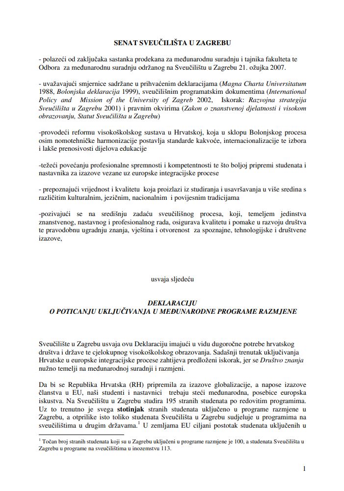 prikaz prve stranice dokumenta Deklaracija o poticanju uključivanja u međunarodne programe razmjene