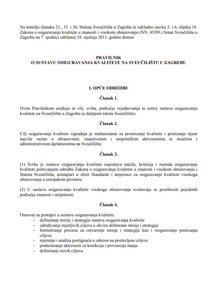 prikaz prve stranice dokumenta Pravilnik o sustavu osiguravanja kvalitete na Sveučilištu u Zagrebu